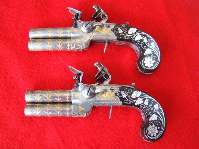 Possibly the FINEST pair of English Gold and Silver Inlaid Flintlock Over and Under Pocket Pistols on the market today! Circa 1800-1810. — image 2